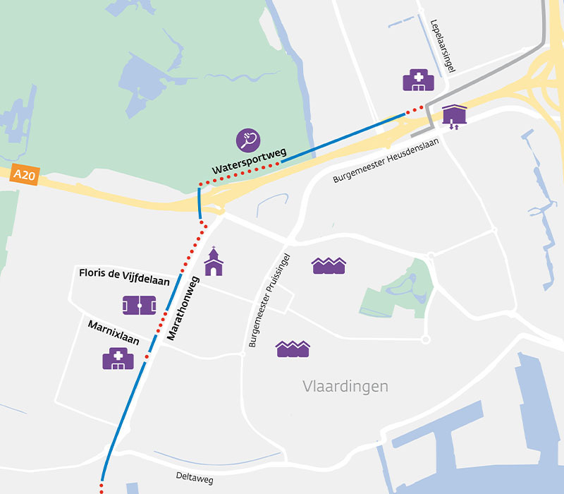 Kaart van een deel van Vlaardingen met weergave van de aanleg van WarmtelinQ.